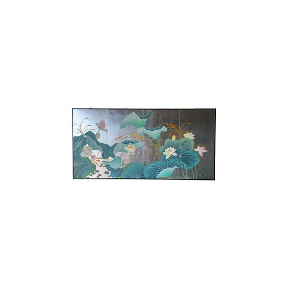 Asian Hand Painted Silver Gilt Four Panel Screen with lotus and lilies 72" x 36"