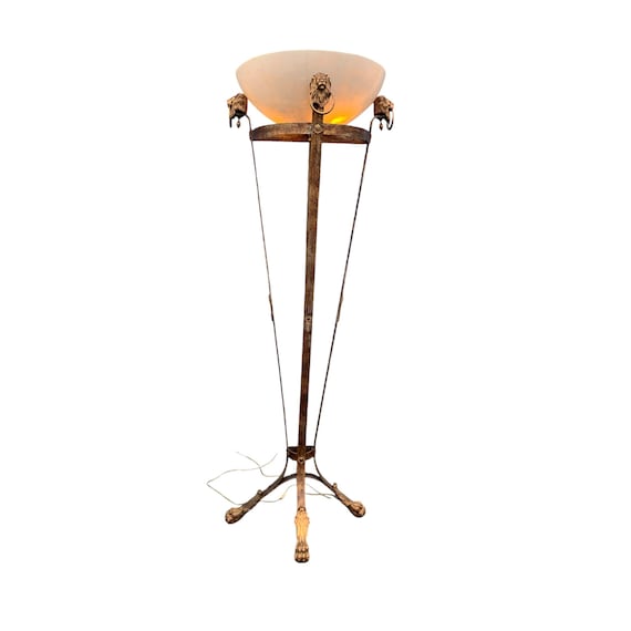 Maitland Smith Wrought Iron Lion Heads Torchiere Floor Lamp