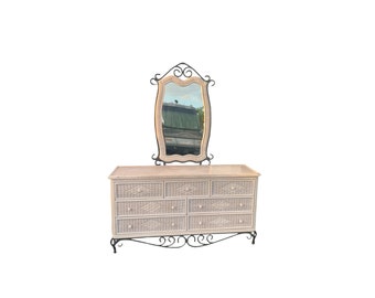 Vintage wrought iron base wicker dresser with mirror 7 drawers