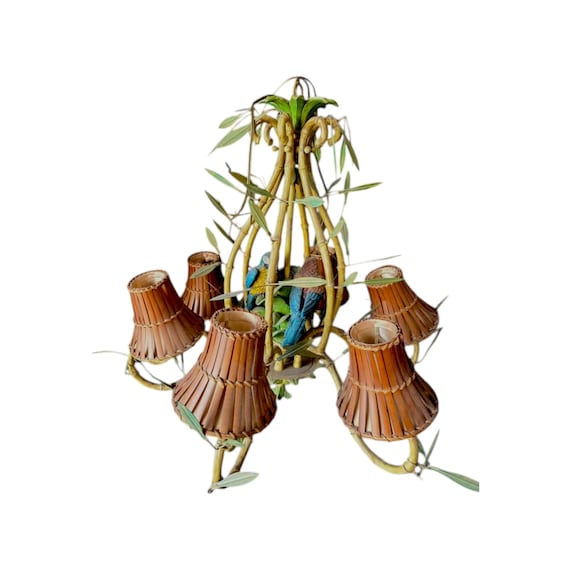 Vintage Italian Faux Bamboo Tole Chandelier with Parrots