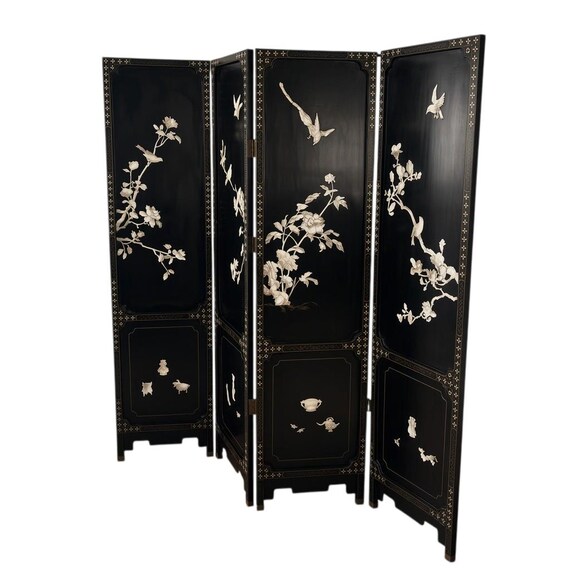 Chinoiserie Black Lacquer Mother of Pearl Chinese Room divider Screen