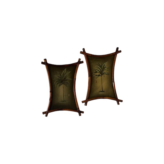 Vintage MCM Adirondack Palm Tree Oil Paintings Bamboo Frames Tiki Art Decor