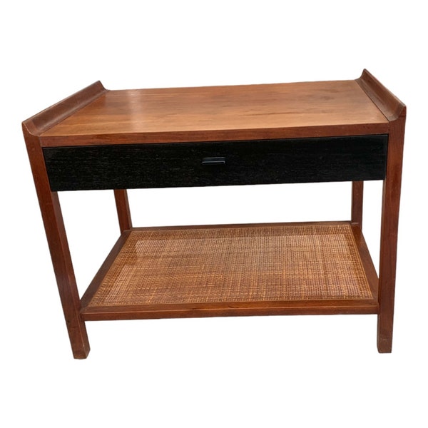 Founders Furniture End Table Walnut with Cane Magazine Shelf