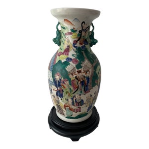 Antique Hand Painted Large Chinese Pottery Rituals Motif Floor Vase with base