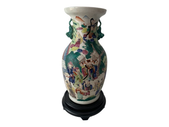 Antique Hand Painted Large Chinese Pottery Rituals Motif Floor Vase with base