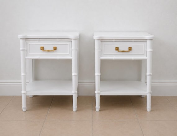 Henry Link  Faux bamboo vintage pair of nightstands Hollywood Regency Bali Hai White