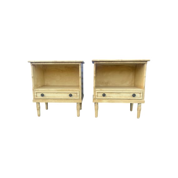 1970s Vintage Ficks Reed Faux Bamboo Single Drawer Nightstand With Open storage