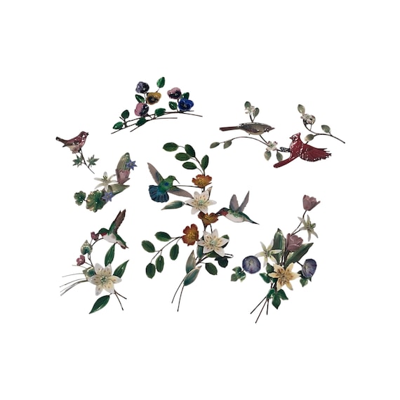 7 Vintage Enamel Wall Cooper Sculptures by Bovano of Cheshire, florals and birds