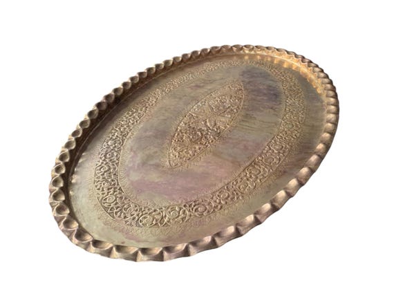 Mid Century Moroccan  Oval Brass Tea Tray Table top 46"