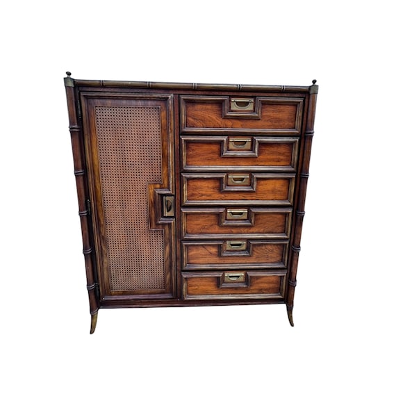 Hollywood Regency Chinoiserie Faux Bamboo Armoire Highboy  by Stanley