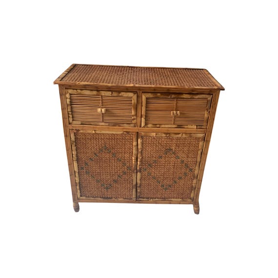 Burnt Bamboo and Cane Coastal Woven Rattan Cabinet