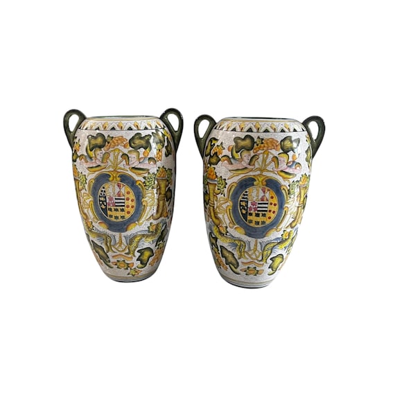 Artistica Majolica Style Italian Pottery Vases Urn a pair
