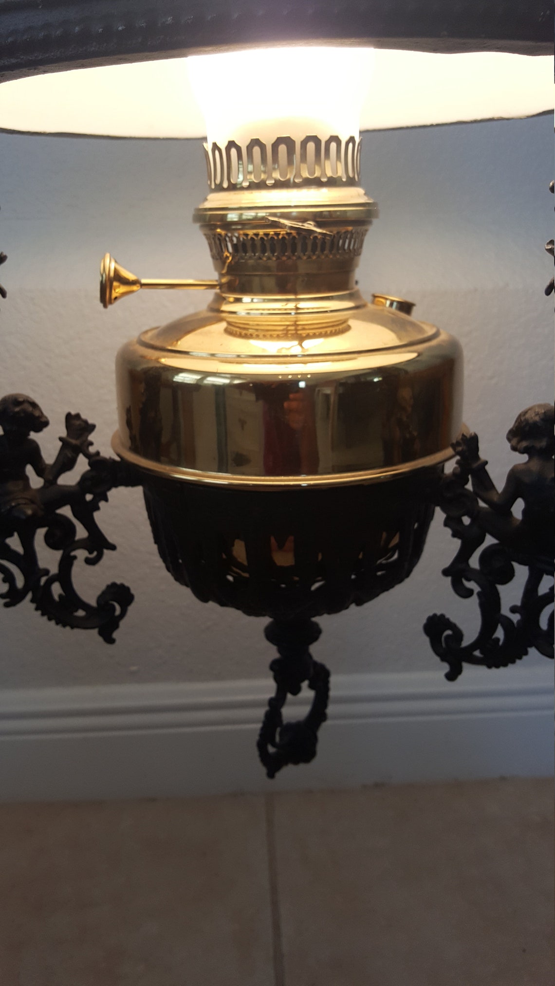Brass Hanging Oil Lamp with cast Iron Cherubs Ornate Etsy