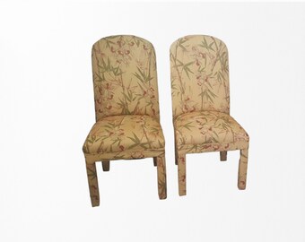 High End Upholstered Beige Parsons Dining Chairs with bamboo print fabric set of 2