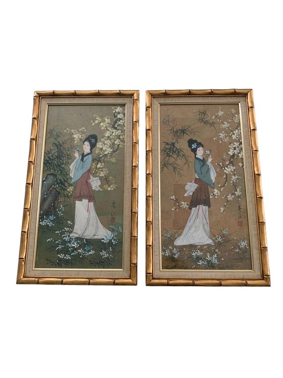 Pair of Oriental Geishas girls Paintings on Cork Signed w faux bamboo gold frame