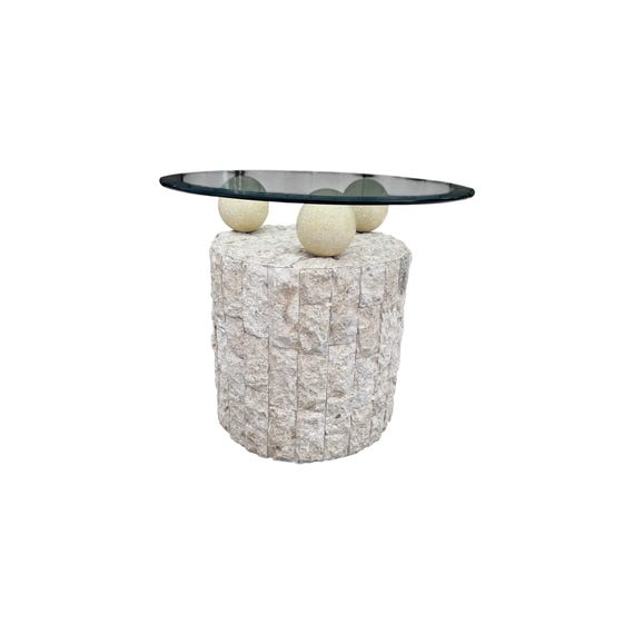 Vintage Postmodern Tessellated Mactan Stone Geometric Side Table Round w/ glass