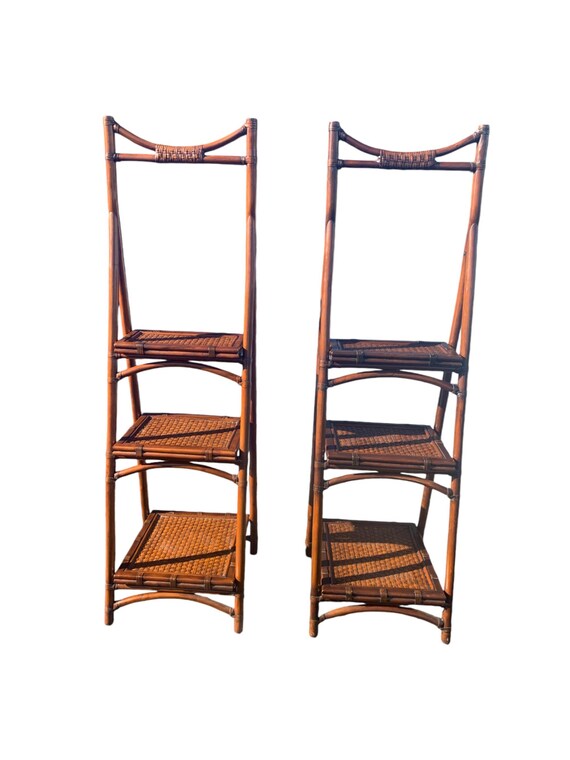 Rattan Bamboo Folding Ladder Etageres a pair