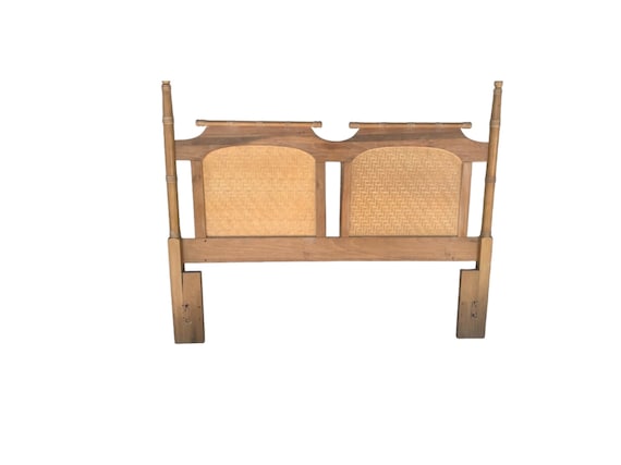 Mid Century Faux Bamboo Maple Woven Split Reed Panels Queen Size Headboard