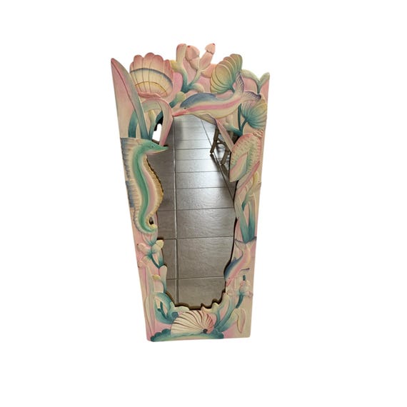 Hand Carved Wood Wall Mirror Dolphin, seahorse and shell flowers cottage coastal chic 39" H