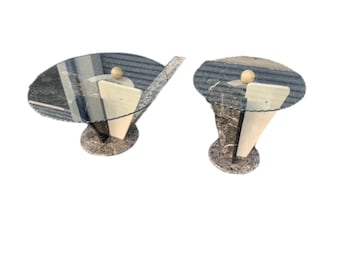 Postmodern Tessellated Marble and glass coffee and side table, 1980's.