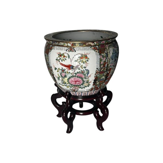 Vintage Satsuma style Chinese Porcelain / Royal Court Tall Koi Fish Bowl 20"