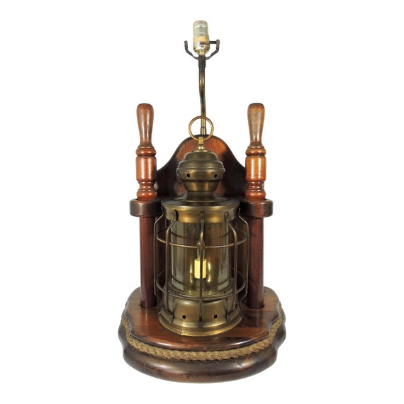 Mid 20th Century Nautical Ships Lantern Brass & Mahogany Table
