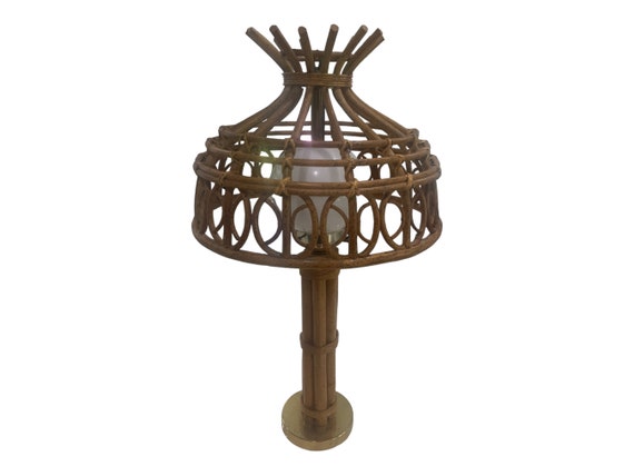 Bent bamboo globe table lamp with metal brass plated base