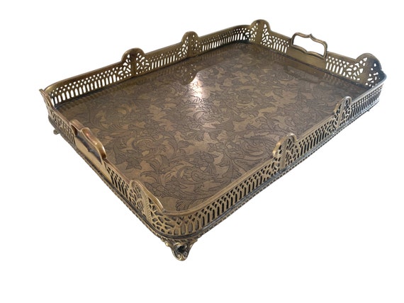 Vintage Large Castilian Brass Serving Tray With Handles and Feet floral