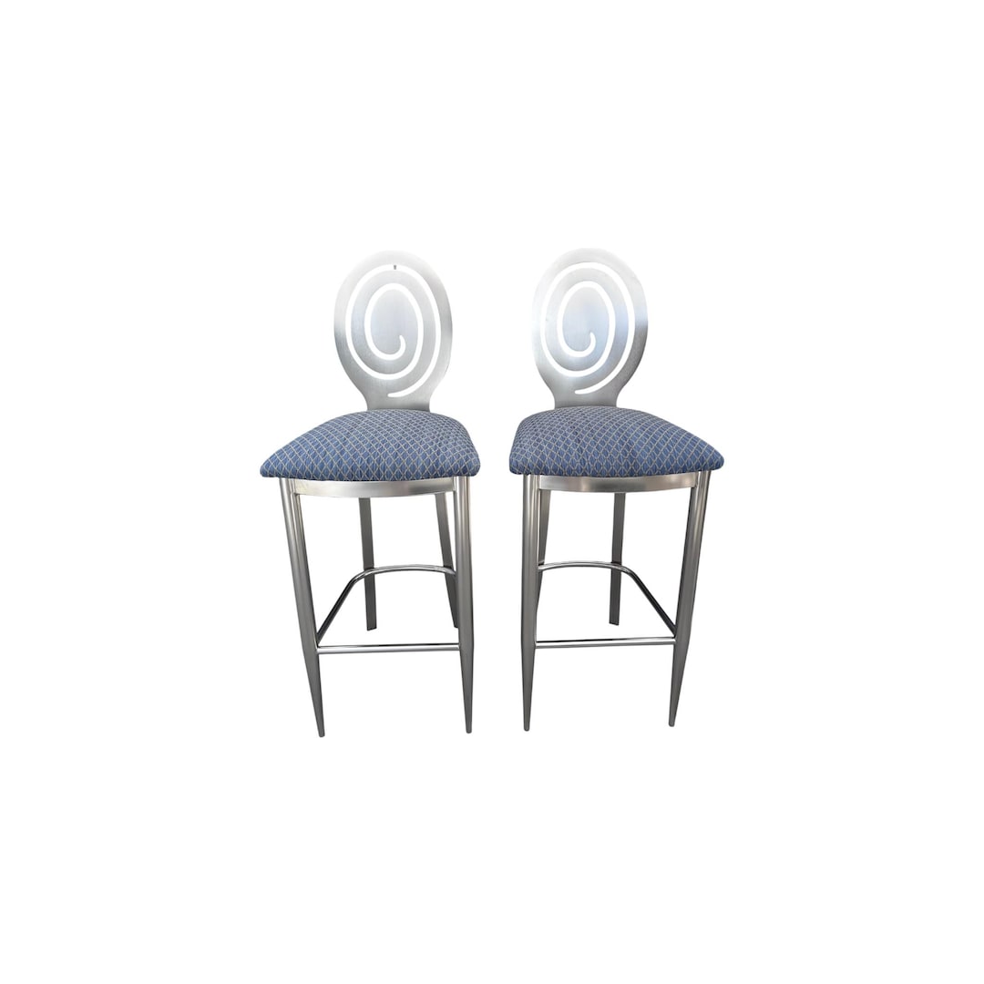 Ethan Allen Radius Bar Stools Brushed Nickel Metal Modern Industrial 13 ...