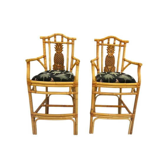 Vintage Tropical Regency Rattan Pineapple back barstools in the style of Palecek