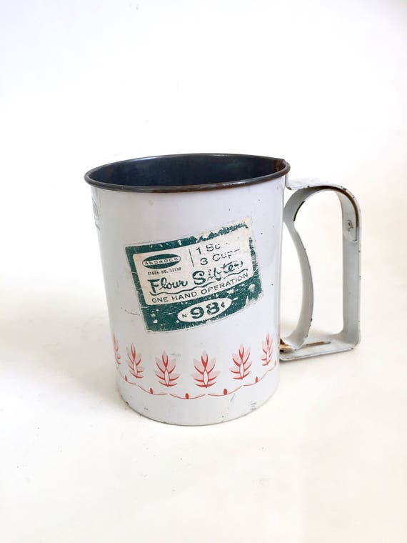 Vintage 1960s Adrock 3 Cup Flour Sifter Tin Metal Floral Print Rusted Barn House Decor 4.75