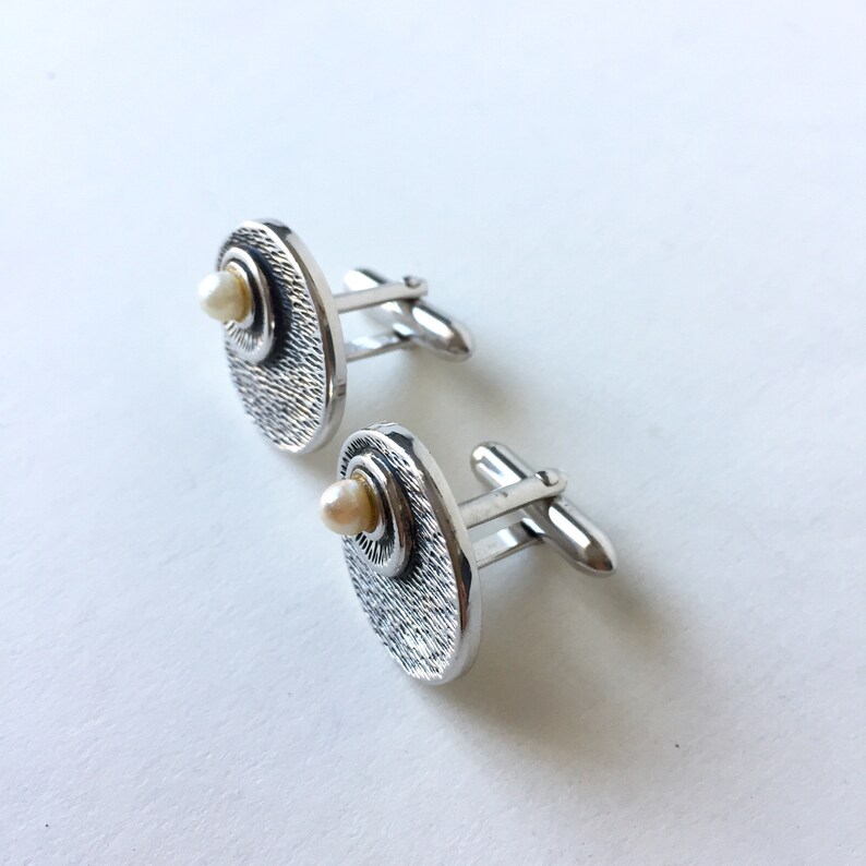 Boutons De Manchette Vintage Carlos Espino Argentés Avec Perle - Modèle YN-94 - Occasion