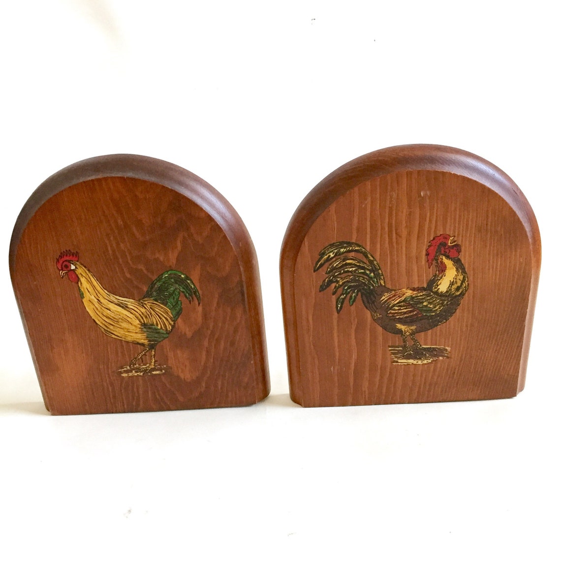 Vintage Chicken Rooster Wood & Metal Rustic Farmhouse Bookends Etsy