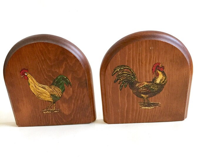 Vintage Chicken Rooster Wood & Metal Rustic Farmhouse Bookends Kitchen