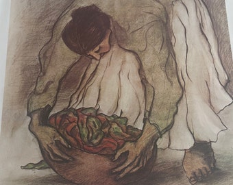 May include: A print featuring a pencil sketch of a person holding a basket of red and green peppers. The print includes the text "Rutherford A Working Lieutenant Governor" and "Woman and Child".