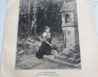 The Woodland Prayer, Hubert Salentin, Girl in the Forest, Book Page, 1888, Woodcut Print, Sepia-tone, Medium-bond, ~ 240317-WH M-03-06