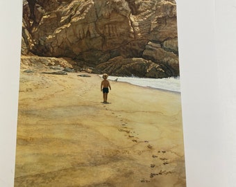 Steve Hanks, Boy, Sea Shore, Walk, Footprints, Sand, Beach, Mother And Child, Poster, Painting, Watercolor, Print, Art, Vintage, ~20-05-166