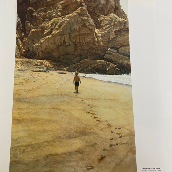 Steve Hanks, Boy, Sea Shore, Walk, Footprints, Sand, Beach, Mother And Child, Poster, Painting, Watercolor, Print, Art, Vintage, ~20-05-166