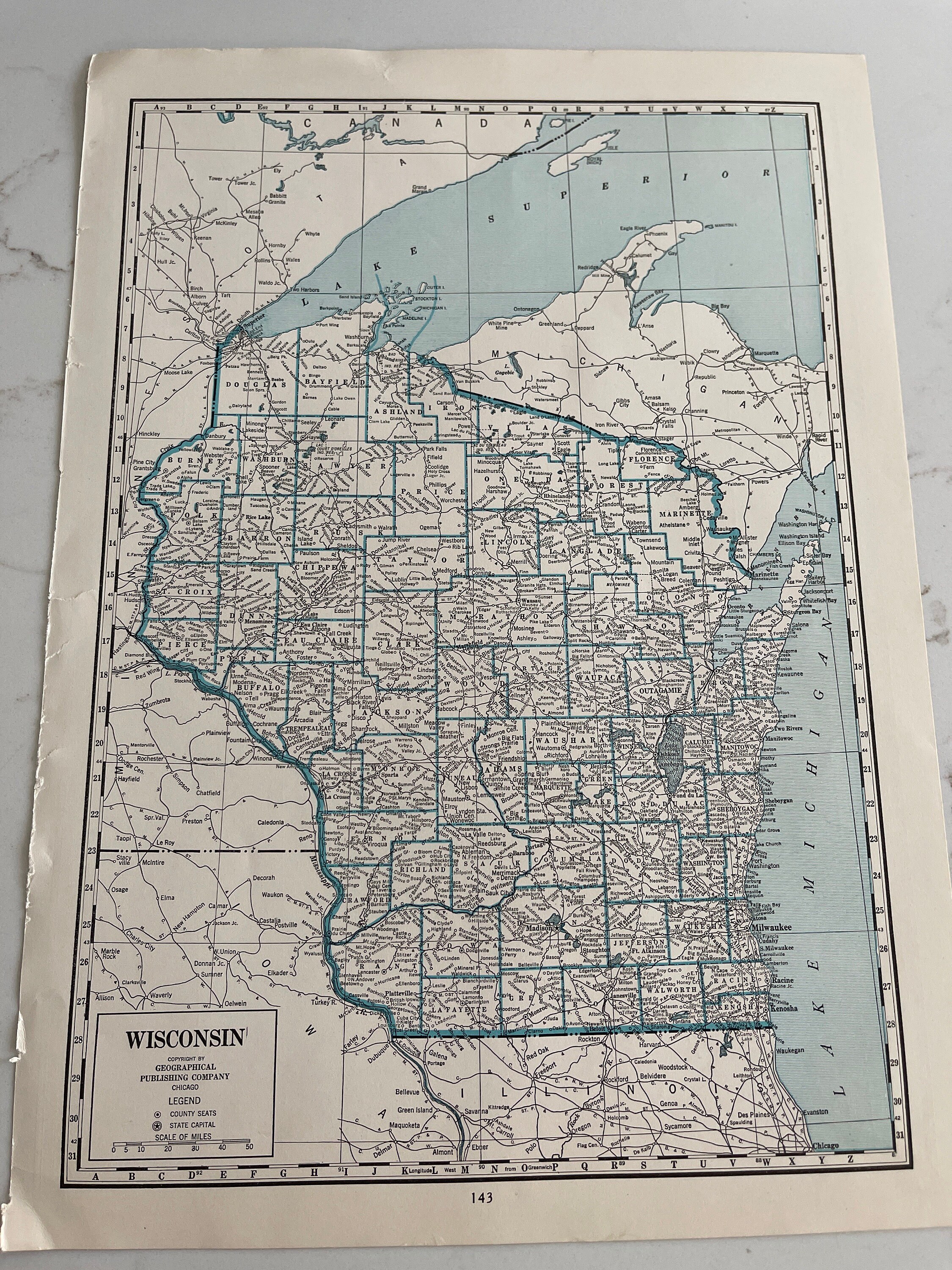 Wisconsin, Wyoming, EUA, 1914, Rand-McNally, Mapa, Frente e Verso, 14x10", Geografia, História, Papel, Vintage, ~ M-15-11