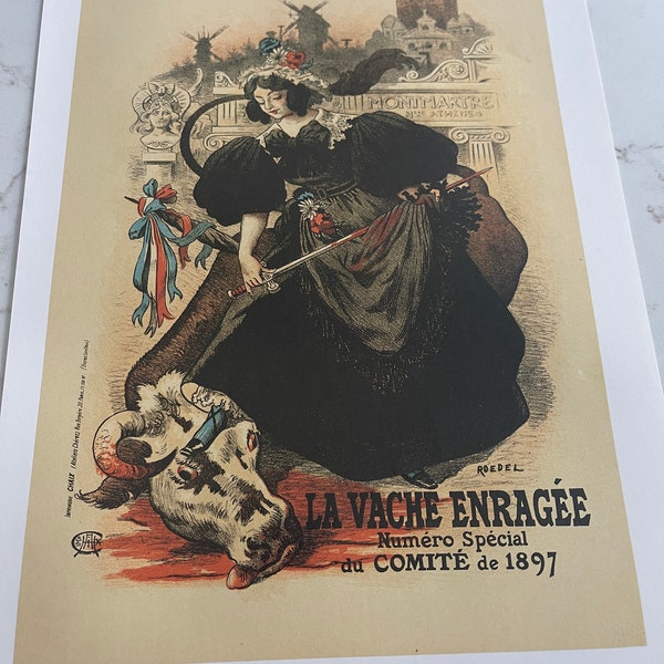 French Comedy Poster, La Vache Enragée Artwork by Roedel, Classic Poster Design, Antique French Entertainment Memorabilia ~231909-WH 67 F