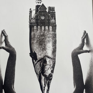 Sam Haskins, LARGE 14x19 Woman, Montage, Building, Weirdcore, Fish, Nude, Original Photography Print, 1972, Erotica 231001-63068 01 image 1