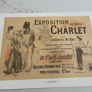 Puede incluir: Un cartel vintage que anuncia una exposición de las obras de Charlet y litografías modernas. El cartel presenta una ilustración en blanco y negro de personas en una multitud. El texto en el cartel dice "Exposition des Oeuvres de Charlet et de Lithographies Modernes" y "Du 1er au 15 Juin 1893".