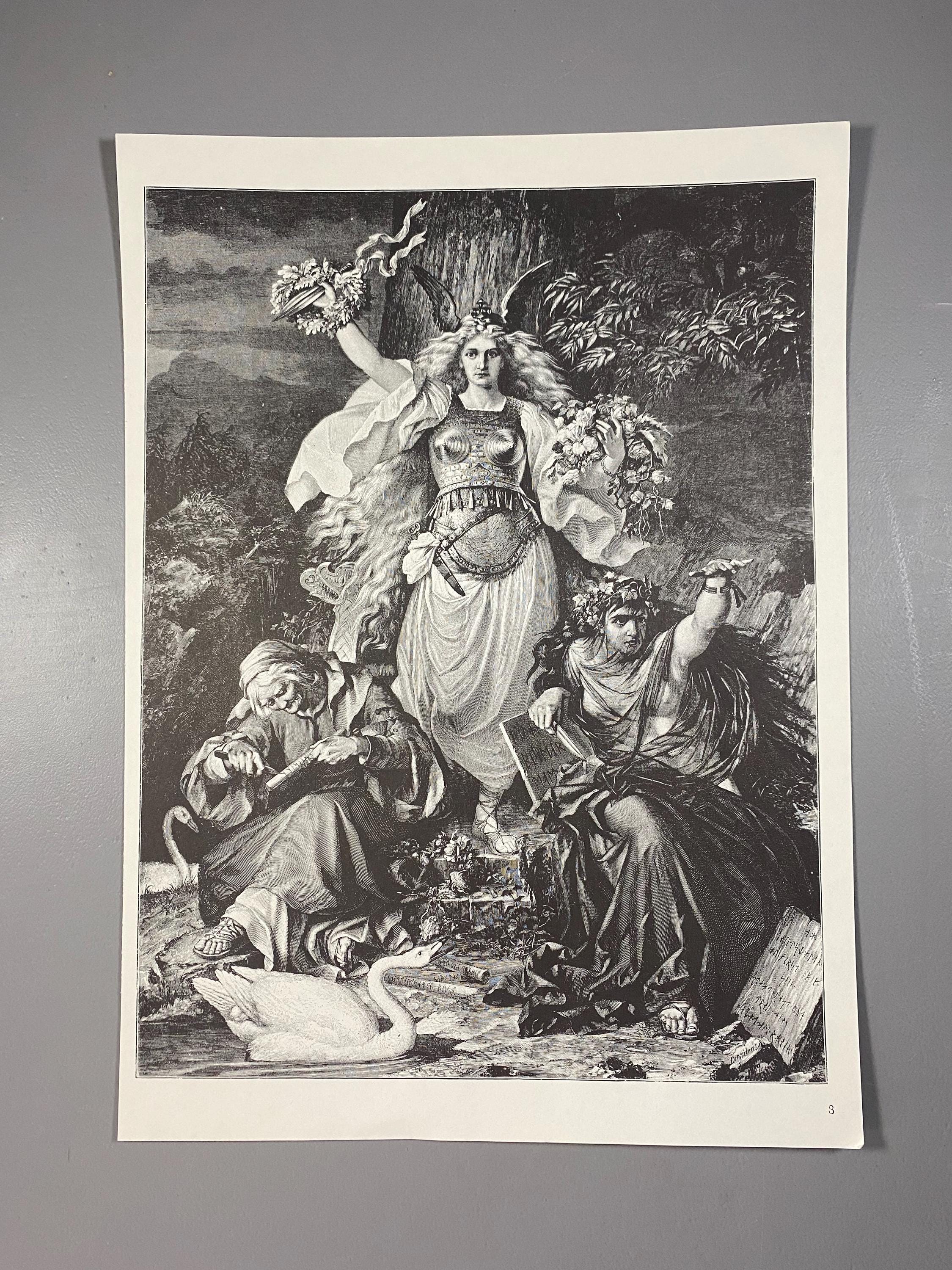 ノルン、北欧神話、木版画、1800年代、グラフィック、絵、片面、印刷