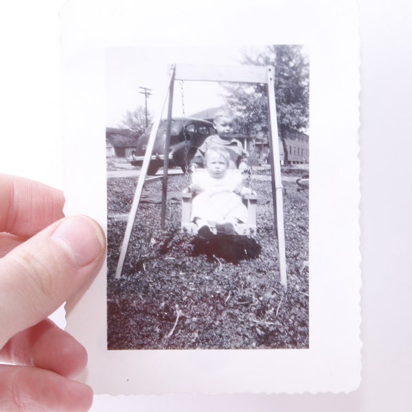 Children on a Swing, Siblings, Retro Car, Summer, Sunlight, Snapshot, Ephemera, Vernacular Photography, Black And White, Photo, ~ 20-34-1257