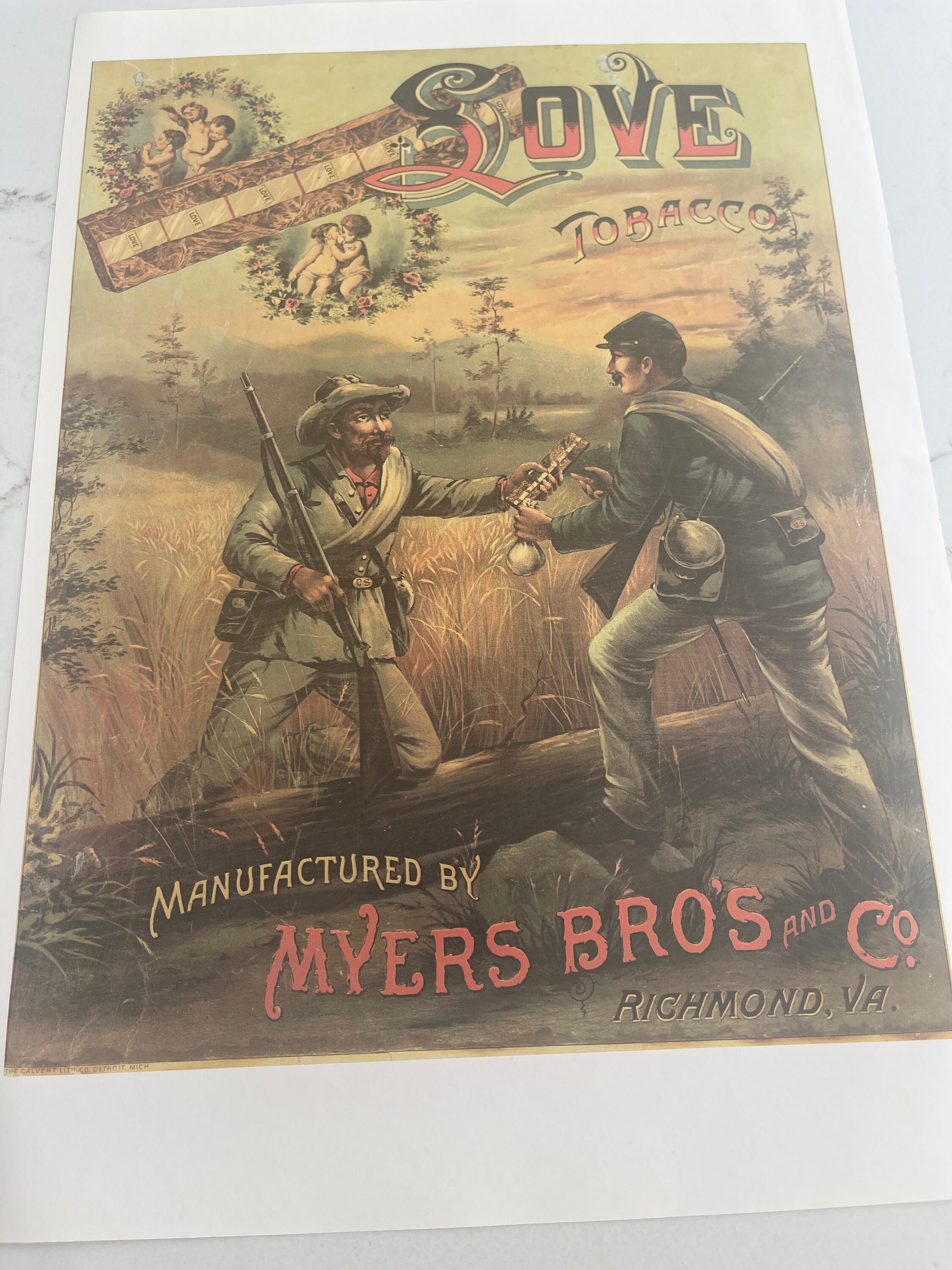 Myer's Bro's and Company, Richmond Va., Love Tobacco, Bookplate,  Art,vintage,1982, 12x9.25 ~20-31-1096