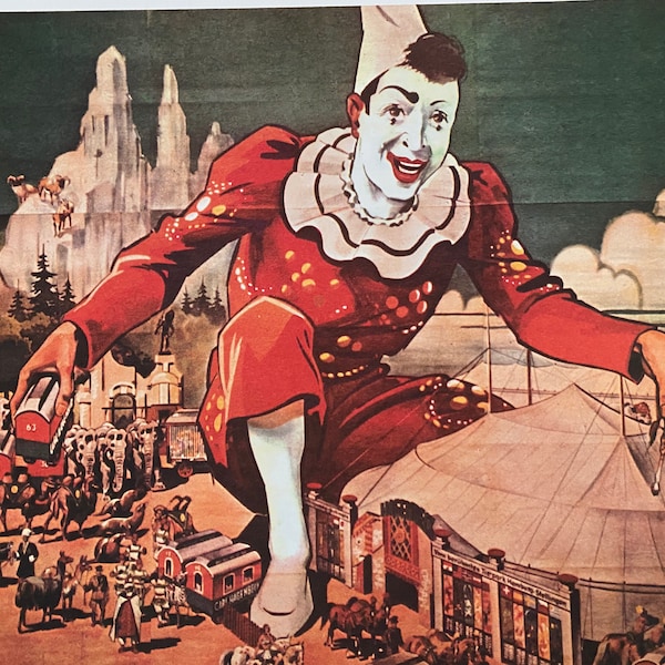 Payaso gigante, Pequeño circo, Ringling Brothers, Póster, Doble cara, Gráficos, Imagen, Página de libro, Impresión, 16 x 11", Art Vintage ~ 20-29-1033