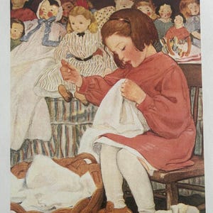 May include: A vintage illustration depicts a young person in a red dress seated and sewing white fabric. Brown yarn and dolls are in the foreground. The background features several dolls and figures, creating a scene of domesticity and craft.