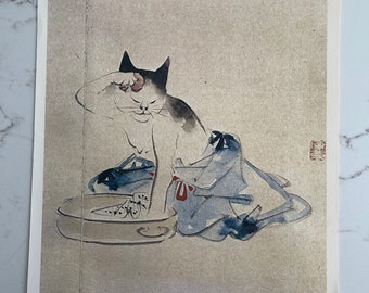 Cats, Japanese, Orient, Hiroshige, Poster, Double-Sided, Painting, Picture, Book Page, Print, 19 x 13", Eastern Art, Vintage, ~20-01-966