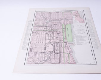 Chicago, Central Portion, Illinois, USA, Political Map, Double-Sided, 14x10", Geography, Vintage,   ~ 20-01-124 AA