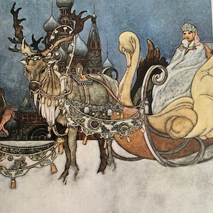 May include: A vintage illustration of a woman in a white gown riding in a sleigh pulled by a reindeer. The sleigh is decorated with gold and the reindeer is adorned with ornate bells and tassels. The background features a cityscape with a blue sky.